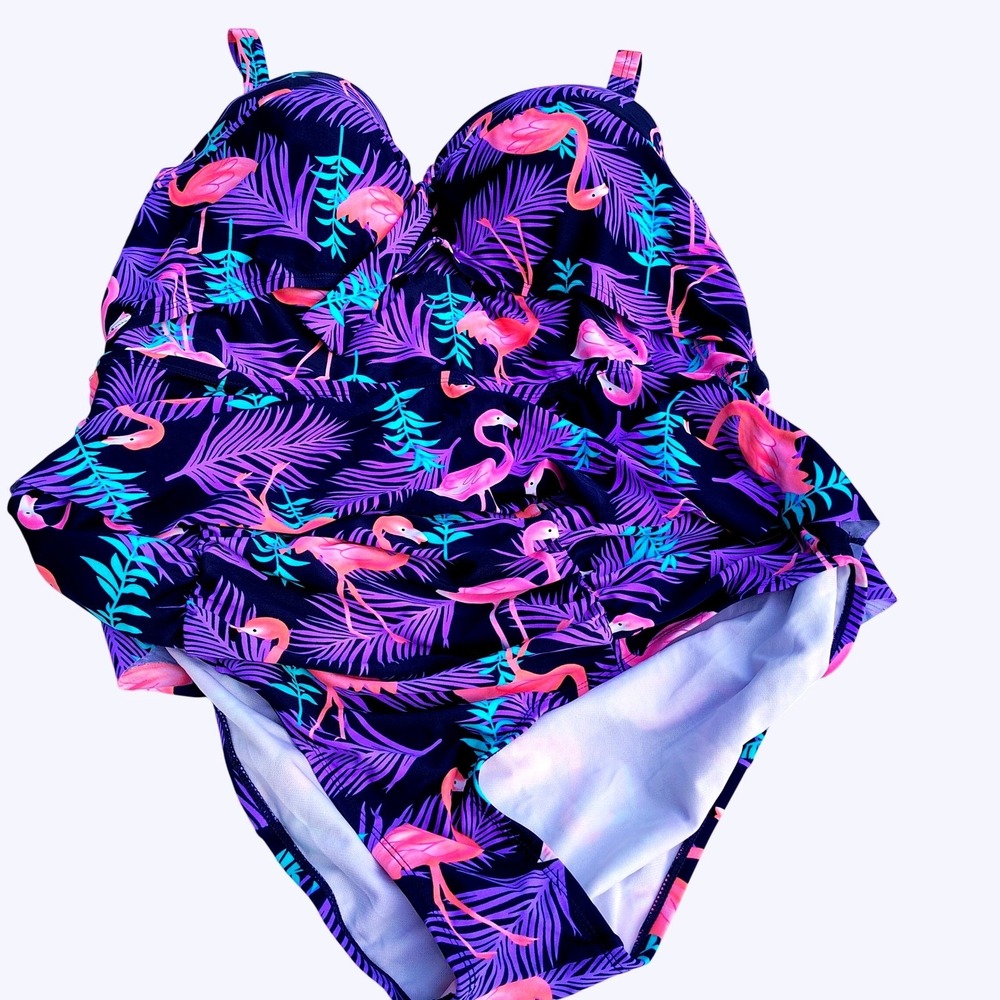 Flamingo Tropical Print Tankini Swimsuit Set‎ Navy Pink 3X Plus Size Peplum Top